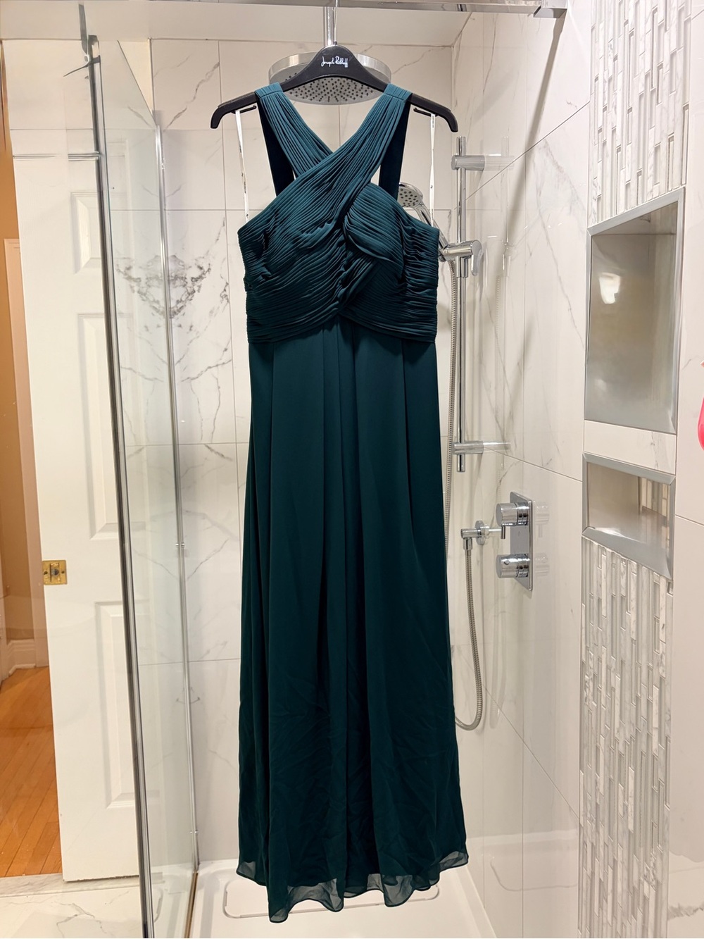 Cross-Front Forest Green Chiffon Maxi Dress